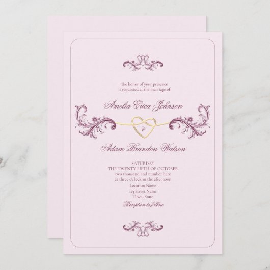 Invitation Mariage rose Vintage Rococo (Devant / Derrière)