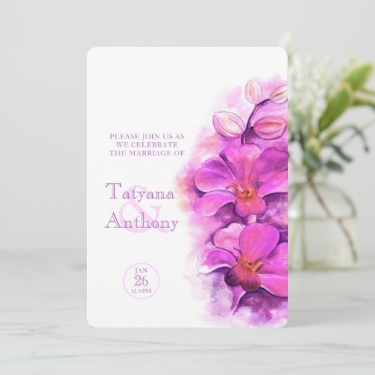 Invitation Mariage rose violet stylisé orchidée (Debout devant)