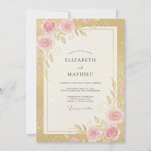 Invitation Mariage Rosebud Rose Pink Or (Devant)