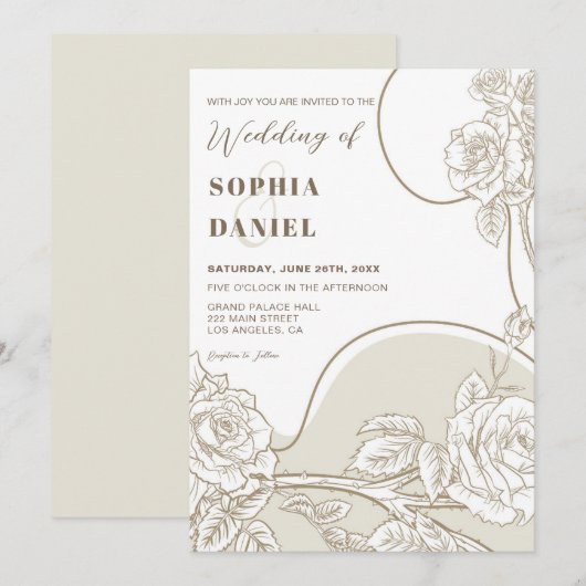 Invitation Mariage Roses Blanches et Beige (Devant / Derrière)