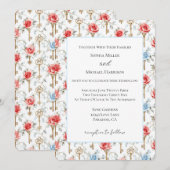 Invitation Mariage Roses Bleues Rouges Clés Dorées (Devant / Derrière)