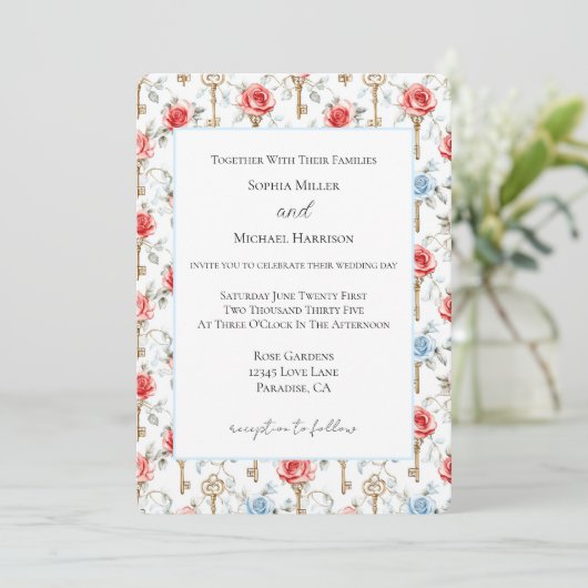 Invitation Mariage Roses Bleues Rouges Clés Dorées (Debout devant)