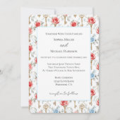 Invitation Mariage Roses Bleues Rouges Clés Dorées (Devant)