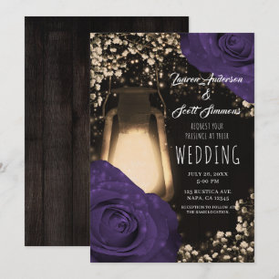 Invitation Mariage Roses Couleur Aubergine Lanterne Rustique 