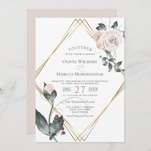 Invitation Mariage | Roses d'aquarelle rose pâle à cadre or (Devant / Derrière)