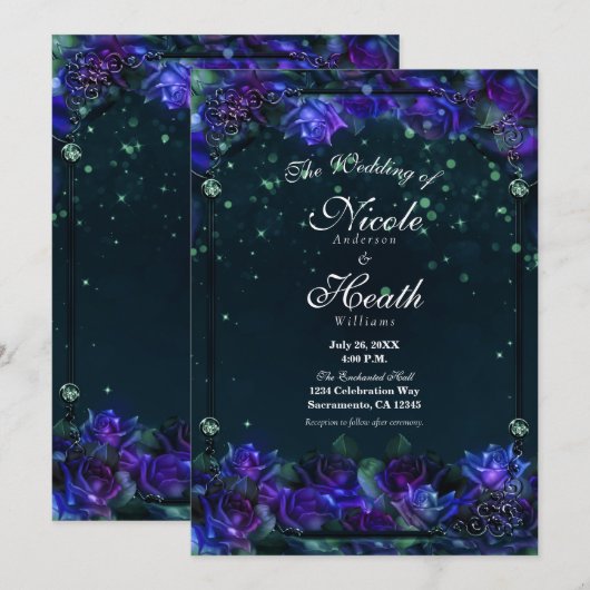 Invitation Mariage Roses Enchantées de Jardin Violet Vert Lum (Devant / Derrière)