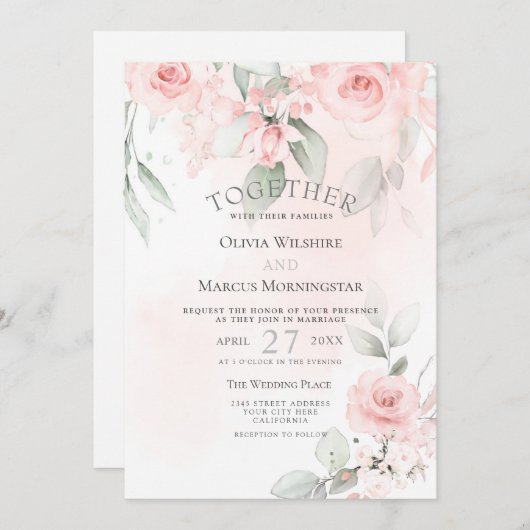 Invitation Mariage | Roses Florales Aquarelle Rose Pâle (Devant / Derrière)