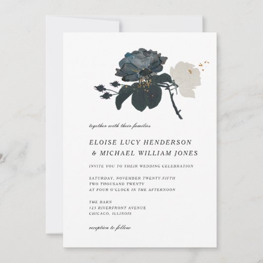 Invitation Mariage Roses noir et blanc (Devant)