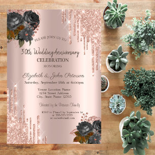 Invitation Mariage Roses Noires Rose Gold Paillettes Dégoulin