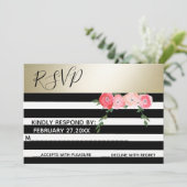 Invitation Mariage roses rayures noir/blanc or RSPV (Debout devant)