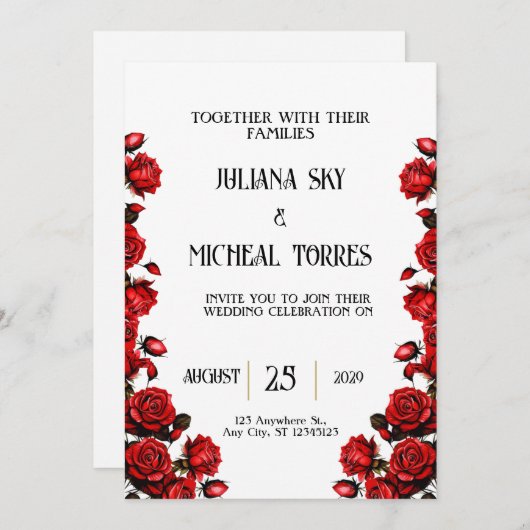 Invitation Mariage Roses rouges blanches à neige (Devant / Derrière)