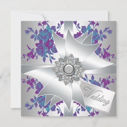Invitation Mariage Roses Violettes Turquoise (Devant)