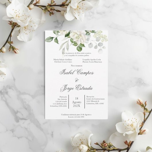 Invitation Mariage Rosier Blanc Feuillage