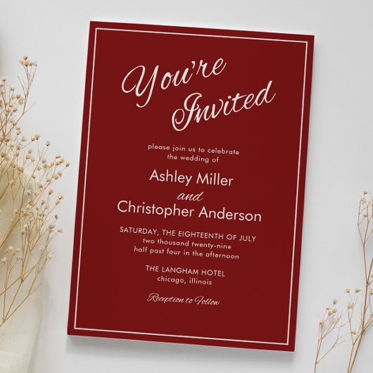 Invitation Mariage rouge Crimson de script minimaliste