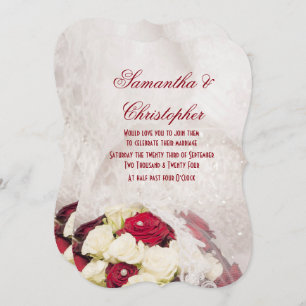 Invitation Mariage rouge de bouquet et de robe de rose blanc