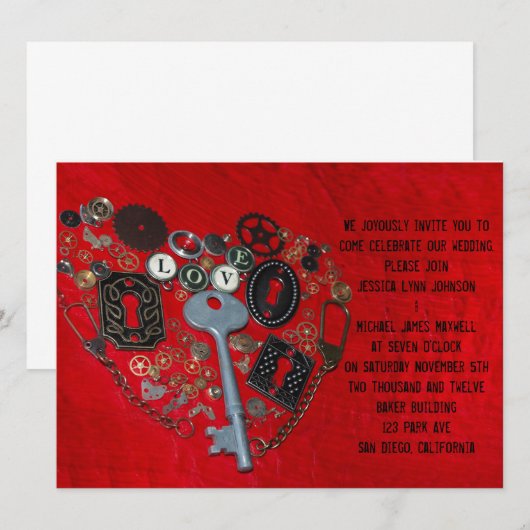 Invitation Mariage rouge de coeur de Steampunk (Devant / Derrière)