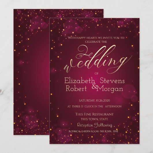 Invitation Mariage Rouge Élégant Simple Confettis (Devant / Derrière)