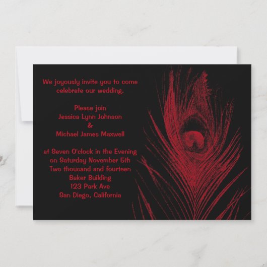 Invitation Mariage rouge et noir de paon (Devant)