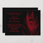 Invitation Mariage rouge et noir de paon (Devant / Derrière)