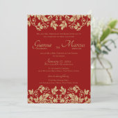 Invitation Mariage rouge et or Damask Emblem (Debout devant)
