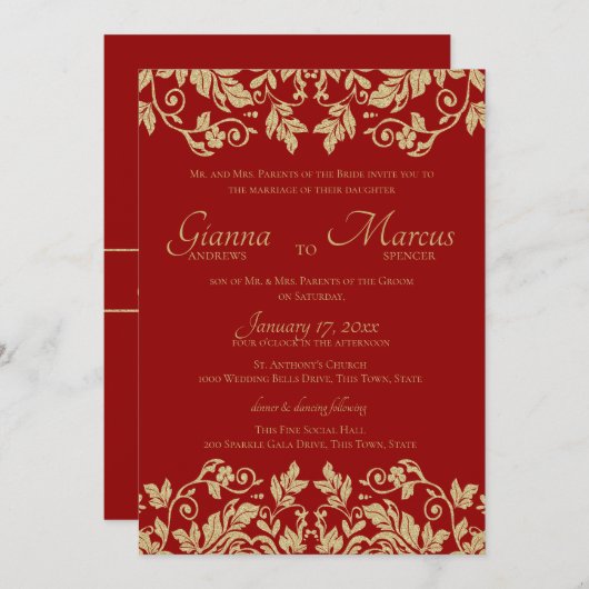 Invitation Mariage rouge et or Damask Emblem (Devant / Derrière)