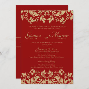 Invitation Mariage rouge et or Damask Emblem