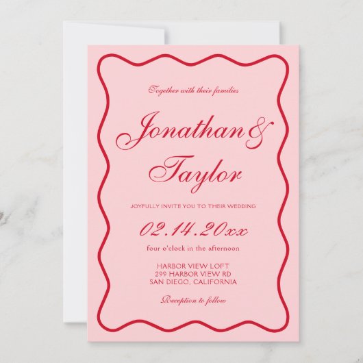Invitation Mariage rouge et rose ondulé (Devant)