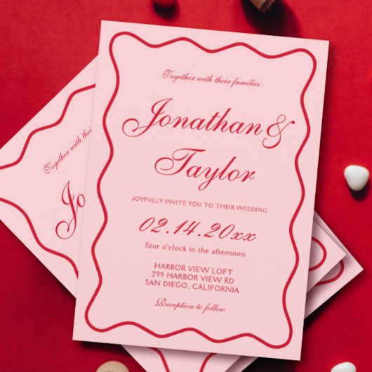 Invitation Mariage rouge et rose ondulé