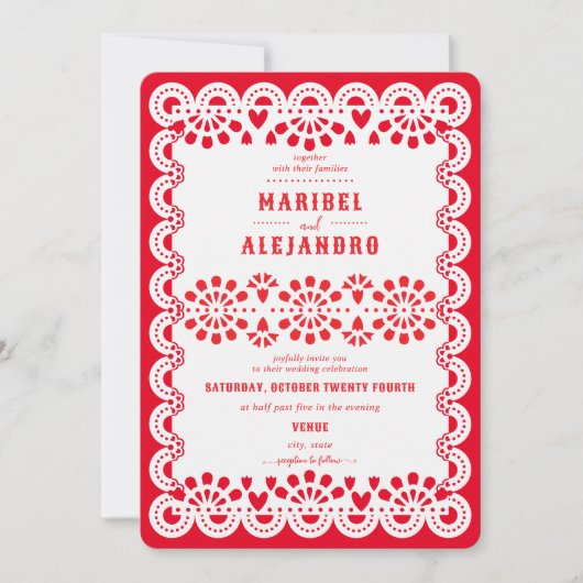 Invitation Mariage rouge floral du Mexique Papel Picado (Devant)