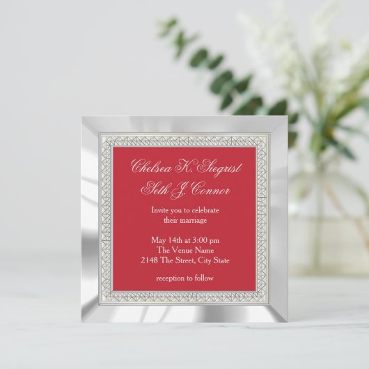 Invitation Mariage rouge foncé et argent (Debout devant)