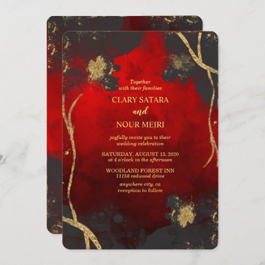 Invitation Mariage rouge, gris et or élégant et charmant (Devant / Derrière)