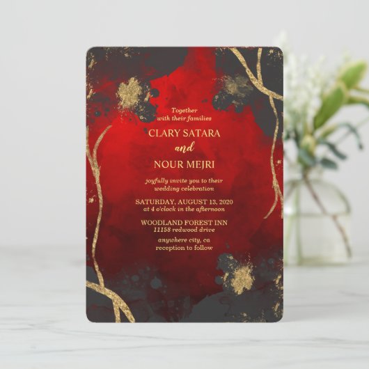 Invitation Mariage rouge, gris et or élégant et charmant (Debout devant)