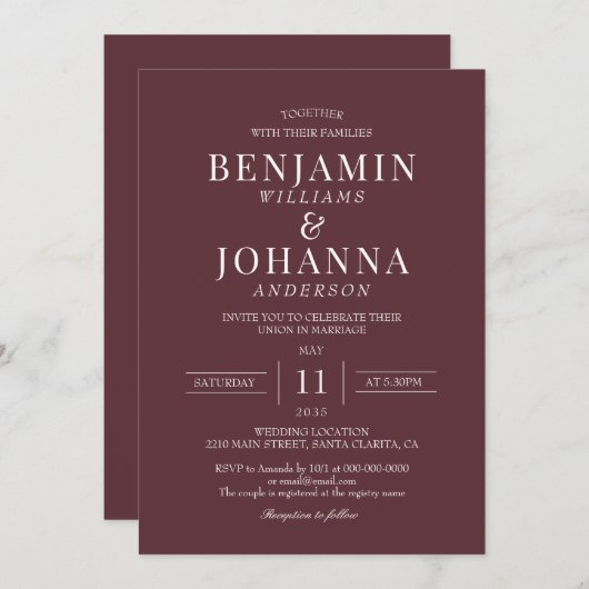 Invitation Mariage rouge marron classique (Devant / Derrière)