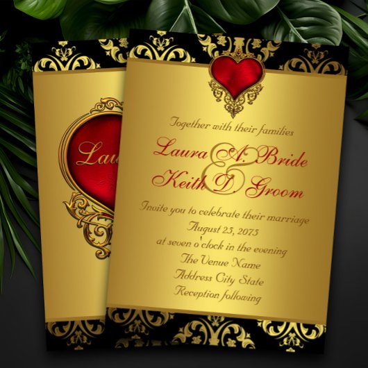 Invitation Mariage Rouge Noir Or Cœur