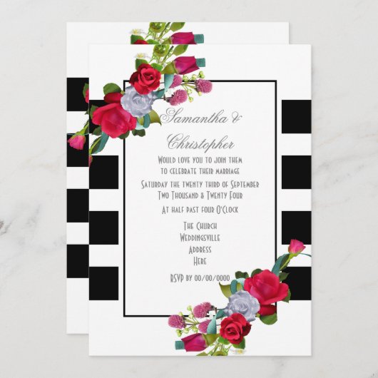 Invitation Mariage rouge rose et noir rayé (Devant / Derrière)