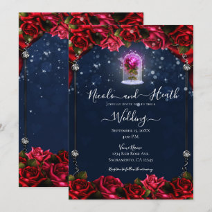 Invitation Mariage Rouge Rose Magique Brillant Argent Navy Bl