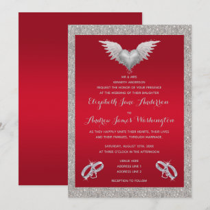 Invitation Mariage Rouge Rubis, Anneaux Brillants et Cœur de