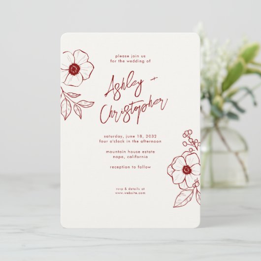 Invitation Mariage rouge rubis floral minimal (Debout devant)