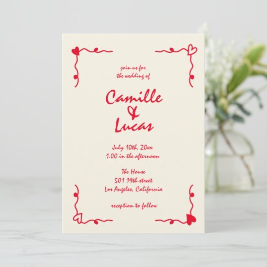 Invitation Mariage rouge Whimsical Rétro manuscrit (Debout devant)