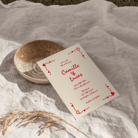 Invitation Mariage rouge Whimsical Rétro manuscrit