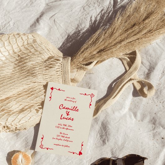 Invitation Mariage rouge Whimsical Rétro manuscrit
