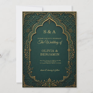 Invitation Mariage Royal Arch Vert Émeraude & Or
