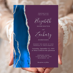 Invitation Mariage Royal Bleu Argent Agate Prune