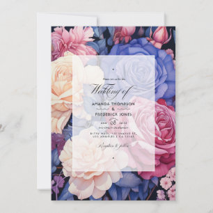 Invitation Mariage Royal Bleu, Champagne, Rose Crème et Mauve