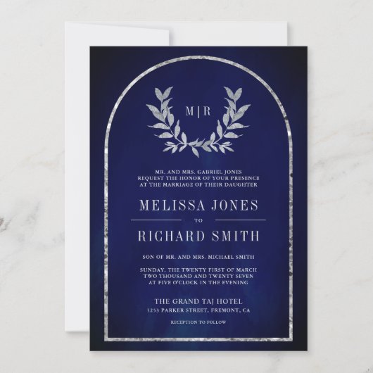 Invitation Mariage royal bleu Feuille Silver Laurel (Devant)