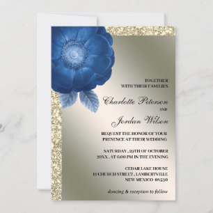 Invitation Mariage Royal Bleu Floral & Paillettes Argentées
