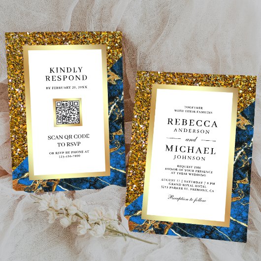 Invitation Mariage Royal Bleu Marbre Code QR Blanc