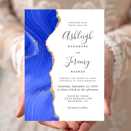 Invitation Mariage Royal Bleu Moderne Agate Or