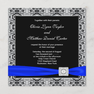 Invitation Mariage Royal Bleu Noir Argent Broderie