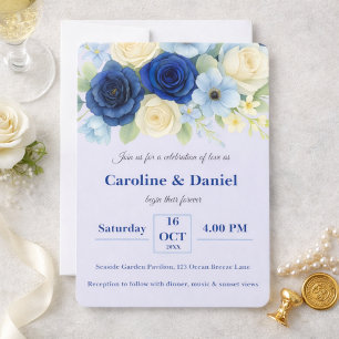 Invitation Mariage Royal Bleu Royal Fleurs Aquarelle Ivoire
